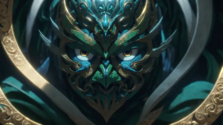 mask,abstract,ornamented,highest facial details,intricate,swirling,sharp focus,green blue,owl,forged metal,reflections,masterpiece,best quality,close-up,ambient lighting,soft shadows,highest facial details,intimidating,symmetric,8k,