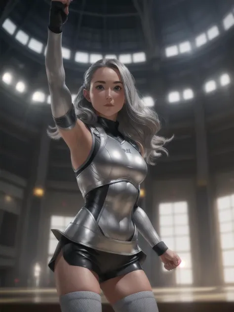female,hobbit,silver gray,bodysuit,active pose,(miniskirt:1.2),8k,highest details,masterpiece,realistic,indoors stadium,kneehigh socks,martial arts,cowboy-shot,