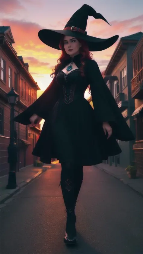 adult woman,intricate highly detailed black red cyan witch costume,outdoors parade, cityscape,realistic full-body photograph,dynamic pose shot,Salem,Sunset,