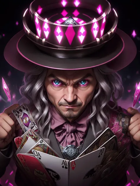 hobbit,trickster,saturated Transparent Platinum Gray Pink,striking gaze,smirk,top hat,gambling,show stage,close-up,diabolic,masterpiece,8k,highest quality,intricate,Clockpunk,playing cards,