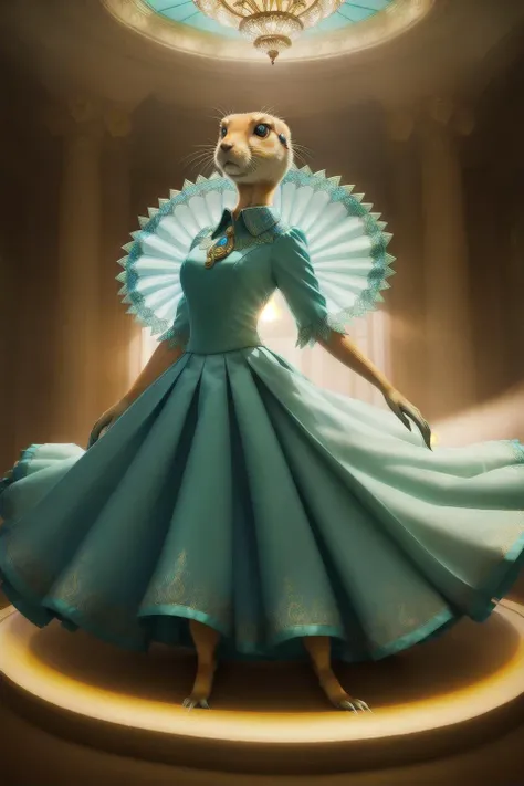 close-up,(prairie dog:1.3) head,emerald azure pale turquoise fashion dress,(quillings:1.1),pleated skirt,intricate realistic pelt,ballroom background,chandellier,photoshoot style,key lighting,highly detailed ornamented fabric,dynamic pose,