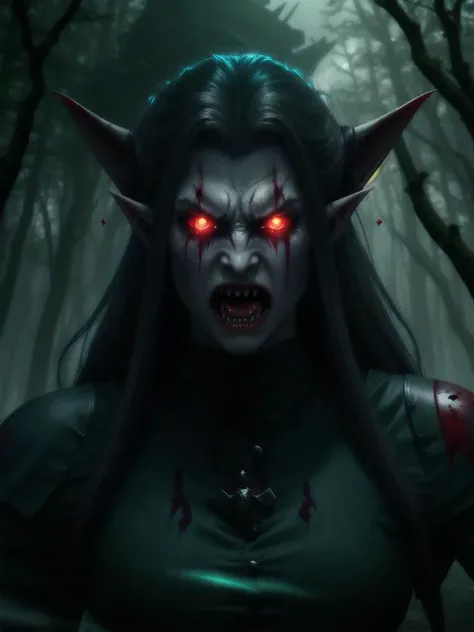vampire elf,Warm Battleship Gray Seagrass,masterpiece,8k,highest quality,bloodstained,volumetric lighting,intimidating,infuriated,angry,screaming,eery,dense woods,fangs,glowing eyes,splashes of blood,bright cyan fog,