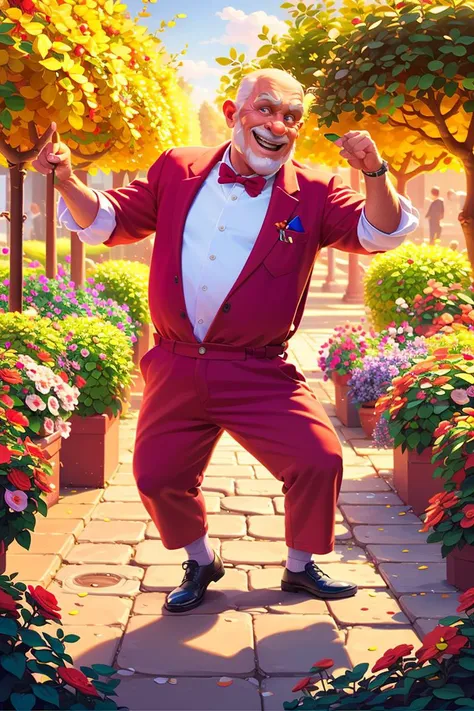 <lora:Rui2.5Dcartoon_V2>,Masterpiece,Best quality,Highres,Extremely detailed 8k wallpaper,Very clear,a funny and lovely old man,dancing in a clown costume,garden,