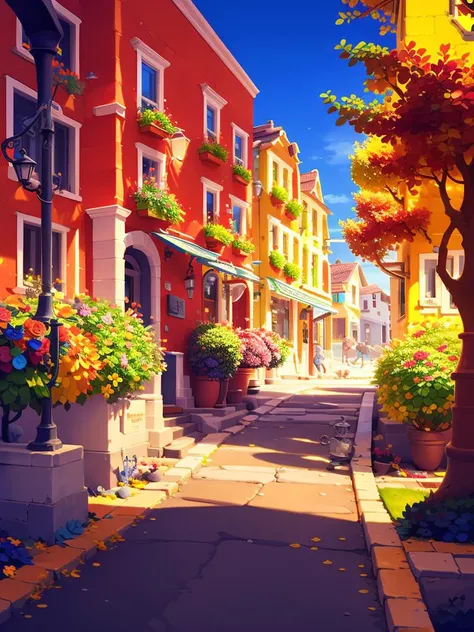 Masterpiece,Best quality,Highres,Extremely detailed 8k wallpaper,Very clear,<lora:Rui2.5Dcartoon_V2:1>,a small european town full of flowers,