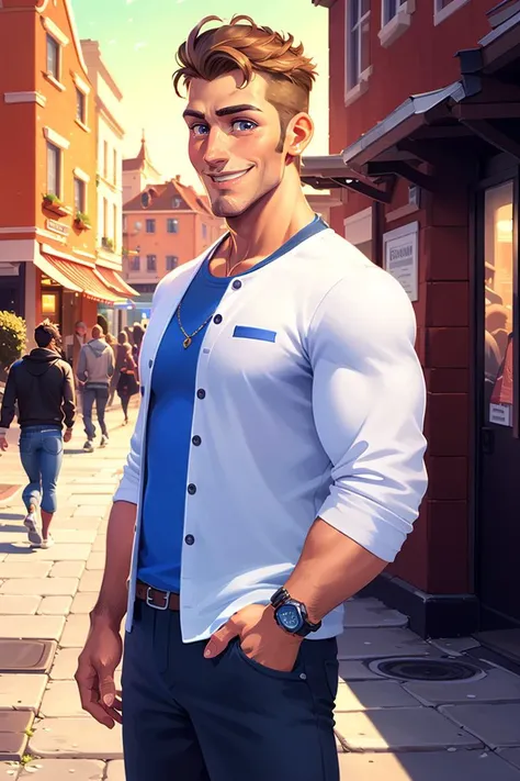 <lora:Rui2.5Dcartoon_V2>,Masterpiece,Best quality,Highres,Extremely detailed 8k wallpaper,Very clear,a happy smile,focus on the characters,a handsome young and fashionable guy,standing on the street,