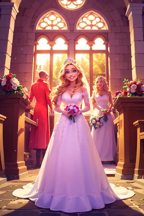 <lora:Rui2.5Dcartoon_V2>,Masterpiece,Best quality,Highres,Extremely detailed 8k wallpaper,Very clear,a happy smile,focus on the characters,a royal wedding,princess and prince and wedding,inside the church,sanctity,backlight,wedding dress,a princess in a white wedding dress,long blond hair,rapunzel,long hair on the ground,