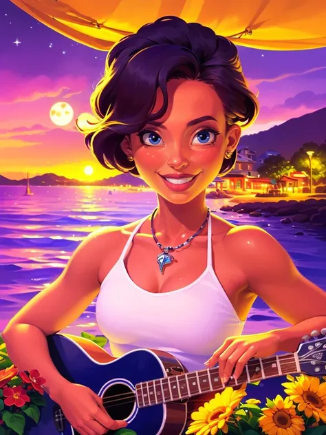 Masterpiece,Best quality,Highres,Extremely detailed 8k wallpaper,Very clear,smile happily,wearing a white dress,focus on the characters,head flower,early morning,bust,<lora:Rui2.5Dcartoon_V2:1>,night,(upper body:1.3),focus on the face,hawaiian beach,a cool wind,(the girl who plays the guitar:1.1),wearing a halter top,black hair,there are flowers all around,