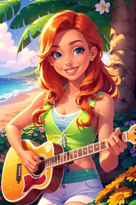 <lora:Rui2.5Dcartoon_V2:1>,Masterpiece,Best quality,Highres,Extremely detailed 8k wallpaper,Very clear,a girl with red hair,white skirt,a happy smile,bust,focus on the upper body,beach,hawaii,full of flowers,play the guitar,garden,