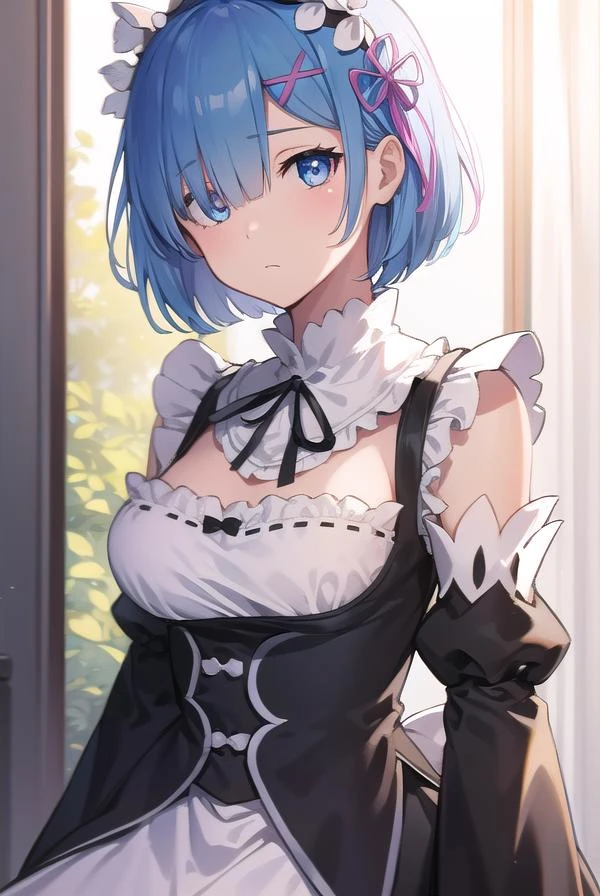 rezerorem, <lora:remtest:1>, rem, blue eyes, blue hair, hair ornament, hair over one eye, hair ribbon, short hair, x hair ornament,
BREAK apron, black ribbon, black skirt, black sleeves, detached collar, detached sleeves, flower, frilled apron, frilled skirt, frills, head wreath, long sleeves, maid, miniskirt, neck ribbon, purple ribbon, ribbon, ribbon trim, ribbon-trimmed sleeves, roswaal mansion maid uniform, short hair, skirt, thighhighs, waist apron, white apron, white thighhighs,
BREAK outdoors, city,
BREAK looking at viewer,
BREAK <lora:GoodHands-vanilla:1>, (masterpiece:1.2), best quality, high resolution, unity 8k wallpaper, (illustration:0.8), (beautiful detailed eyes:1.6), extremely detailed face, perfect lighting, extremely detailed CG, (perfect hands, perfect anatomy),