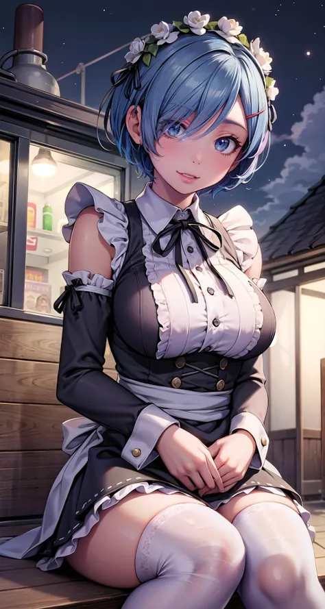 (masterpiece),(intricate details),1girl,mature female,huge breasts
BREAK
rezerorem, <lora:remtest:0.7>, rem, blue eyes, blue hair, hair ornament, hair over one eye, hair ribbon, short hair, x hair ornament, BREAK apron, black ribbon, black skirt, black sleeves, detached collar, detached sleeves, flower, frilled apron, frilled skirt, frills, head wreath, long sleeves, maid, miniskirt, neck ribbon, purple ribbon, ribbon, ribbon trim, ribbon-trimmed sleeves, roswaal mansion maid uniform, short hair, skirt, thighhighs, waist apron, white apron, white thighhighs,
depth of field,looking at viewer,((sit on the , Concert_hall,)),((upper body)),polka dot panties,laughing
BREAK
moon,night,bus stop,((cumulonimbus)),from below:1.3,