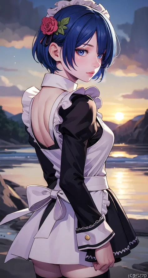 realistic1.49,photorealistic:1.49,film grain:0.4,(masterpiece),(intricate details),1girl,mature female,pale skin,large breasts:1.49
BREAK
rezerorem, <lora:remtest:1>, rem, blue eyes, blue hair, hair ornament, hair over one eye, hair ribbon, short hair, x hair ornament, BREAK apron, black ribbon, black skirt, black sleeves, detached collar, detached sleeves, flower, frilled apron, frilled skirt, frills, head wreath, long sleeves, maid, miniskirt, neck ribbon, purple ribbon, ribbon, ribbon trim, ribbon-trimmed sleeves, roswaal mansion maid uniform, short hair, skirt, thighhighs, waist apron, white apron, white thighhighs
BREAK
sunset,dusk,((cumulonimbus)),((walking on the anywhere)),
((upper body)),from above:1.3,depth of field,looking back