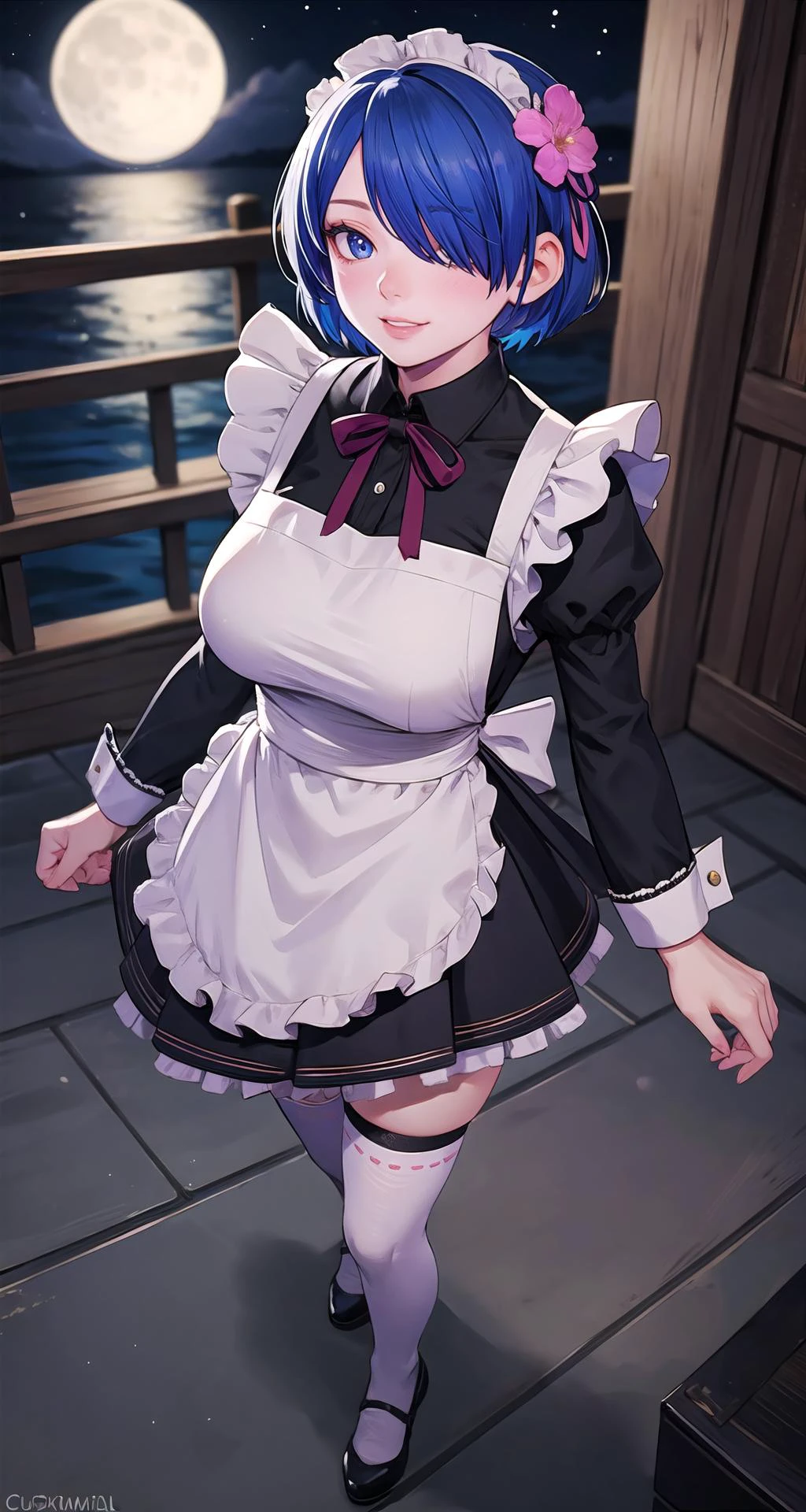 realistic1.49,photorealistic:1.49,film grain:0.4,(masterpiece),(intricate details),1girl,mature female,pale skin,large breasts:1.49,smile,
BREAK
rezerorem, <lora:remtest:0.7>, rem, blue eyes, blue hair, hair ornament, hair over one eye, hair ribbon, short hair, x hair ornament, BREAK apron, black ribbon, black skirt, black sleeves, detached collar, detached sleeves, flower, frilled apron, frilled skirt, frills, head wreath, long sleeves, maid, miniskirt, neck ribbon, purple ribbon, ribbon, ribbon trim, ribbon-trimmed sleeves, roswaal mansion maid uniform, short hair, skirt, thighhighs, waist apron, white apron, white thighhighs,onigiri,
BREAK
moon,night,meteor,hanabi,((cumulonimbus)),((walking on the anywhere)),
((full body)),from above:1.4,depth of field,looking at viewer