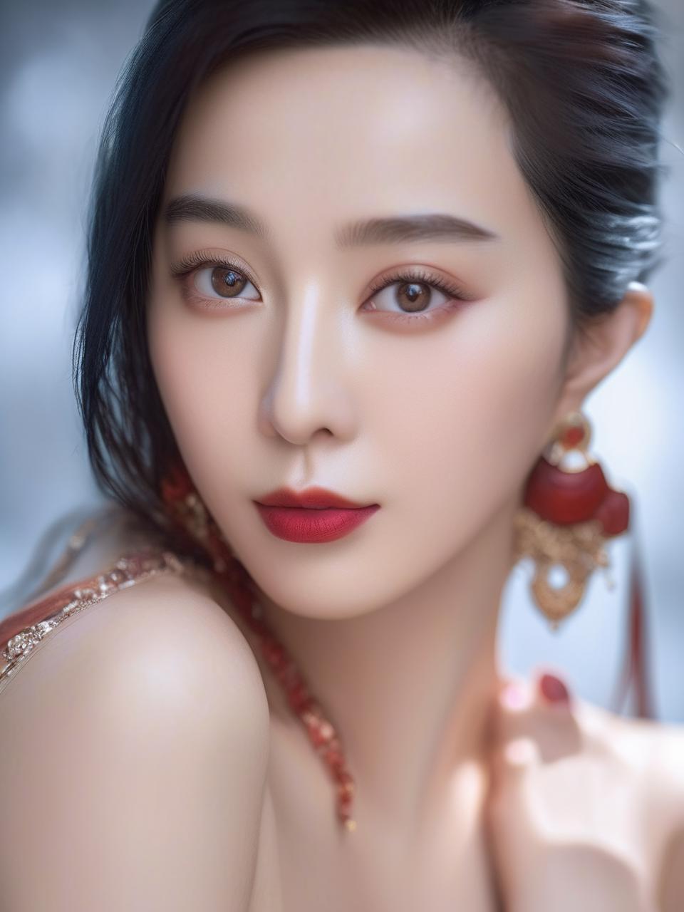 A close up of a woman with a red dress and earrings - SeaArt AI