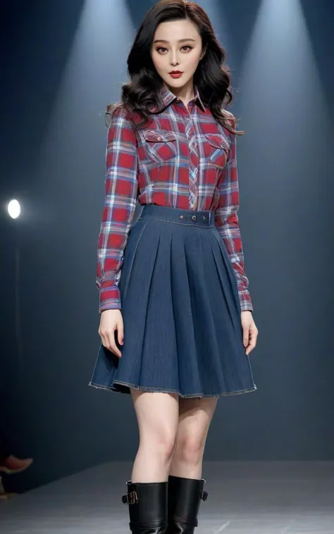 High Fashion, red lips,side_light,sweet,(Plaid_button-down_shirt:1.5),(Denim_skirt:1.4),(Combat_boots:1.3),stage lights,
<lora:fbb_XL_3_-000005:1>,fbb,chinese actress fan bingbing,play in beijing fashion show,, (masterpiece,best quality,ultra high res:1.2),(photo-realistic:1.3),(beautiful face,exquisite face,skin texture:1.2),, dynamic, dramatic, haute couture, elegant, ornate clothing, High Fashion