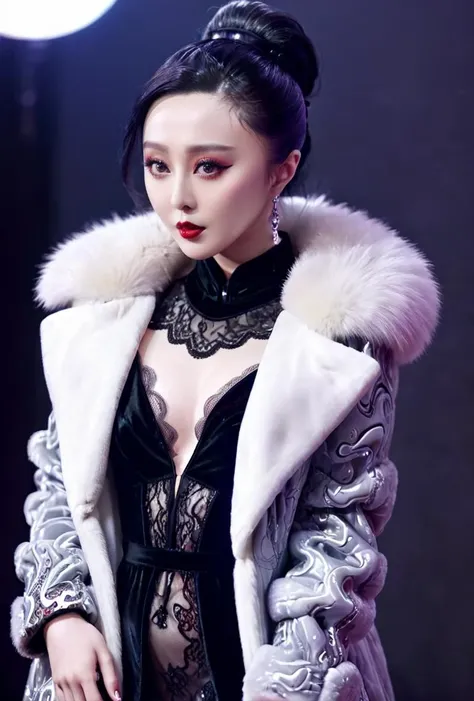 biomechanical style, red lips,side_light,sweet,(Faux_fur_coat:1.5),(Lace_trimmed_slip_dress:1.4),(Velvet_ankle_boots:1.3),stage lights,
<lora:fbb_XL_3_-000005:1>,fbb,chinese actress fan bingbing,play in beijing fashion show,, (masterpiece,best quality,ultra high res:1.2),(photo-realistic:1.3),(beautiful face,exquisite face,skin texture:1.2),, blend of organic and mechanical elements, futuristic, cybernetic, detailed, intricate