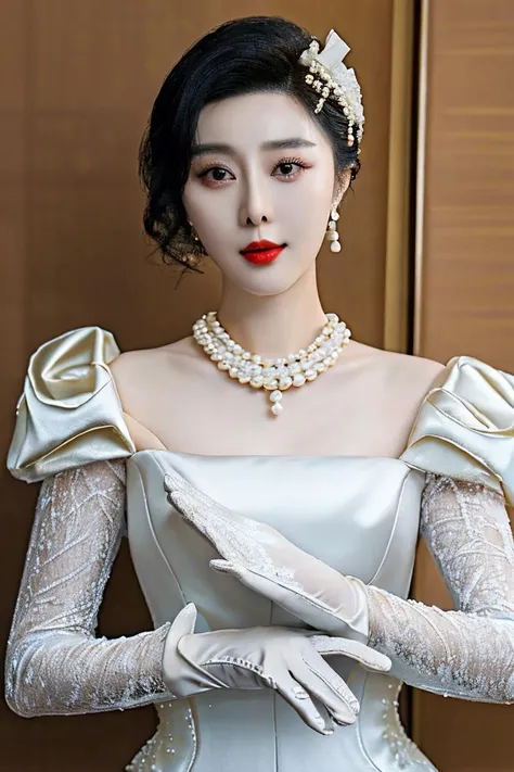 (masterpiece,best quality,ultra high res:1.1),(photo-realistic:1.1),(beautiful face,exquisite face,skin texture:1),
wet skins,(Vintage_lace_dress:1.5),(Pearl_necklace:1.4),(Satin_gloves:1.3),
1girl is chinese actress fan bingbing,<lora:fbb_sd15_2_-000005:1>,fbb,red_lips,22yo,front light,wa maid,