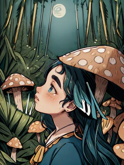 ((cart3r_n0texist )), BREAK portrait, solo, from front, front view, upper body, looking up, detailed background, detailed face, (tropical jungle theme:1.1), mushroom druid, tranquility, dynamic movement, dark blue clothing, swirling magical energy in the air, folkloric, vines, flowing mushroom spores, spreading, mushroom forest in background, eerie night, rays of moonlight, ethereal atmosphere,