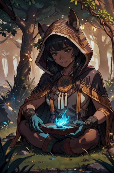 beautiful linework thick-outlines strong-shadows <lora:detail_slider_v4:1.0> <lora:GoodHands-beta2:0.8> (cart3r_n0texist:1.2 male) looking-down solo upper-body detailed-background detailed-face ( <lora:CulturePunkBundle-000007:0.5> zulupunkai zulu-theme:1.1) scout light-smile beautiful-landscape medieval-fantasy-setting high-fantasy brown-furred-leather-clothes capelet gloves hood pouches swampy-forest evergreen-trees bushes roots stones mystical-totems (Style-SwampMagic:0.4) fireflies wildlife swirling-elemental-spirits sunrise dew