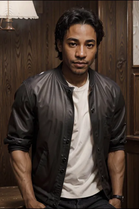 portrait of black cart3r_n0texist  in a dive bar, wearing casual clothes, smiling, low light, looking at the viewer, photorealistic, high detail, detailed, masterpiece, 8k, highres