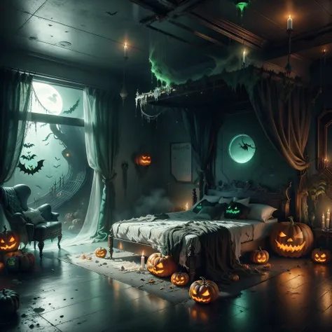 <lora:halloweenTech-20:0.8>, halloweentech , scifi, supernatural green, spooky,
futuristic bedroom
