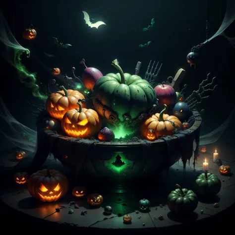 <lora:halloweenTech-20:0.8>, halloweentech , scifi, supernatural green, spooky,
bowl of fruit