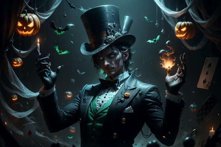 masterpiece, (Trick), top hat, magician, cards, sparks , <lora:halloweenTech-20:0.8>, halloweentech , scifi, supernatural green, spooky, glowing eyes,