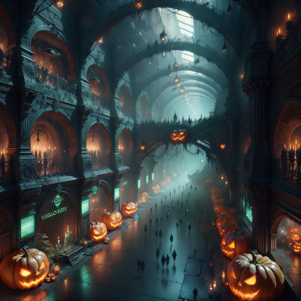 <lora:halloweenTech-20:0.8>, halloweentech , scifi, supernatural green, spooky,
shopping mall , indoors, crowded