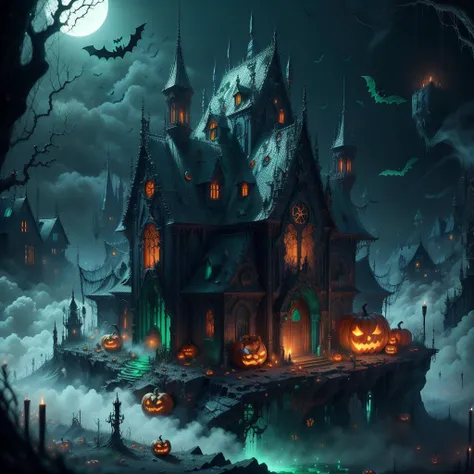 <lora:halloweenTech-20:0.8>, halloweentech , scifi, supernatural green, spooky,
house on a hill