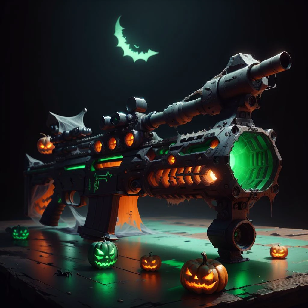 <lora:halloweenTech-20:0.8>, halloweentech , scifi, supernatural green, spooky,
(rifle on table) , (simple background:1.3), , product commercial,