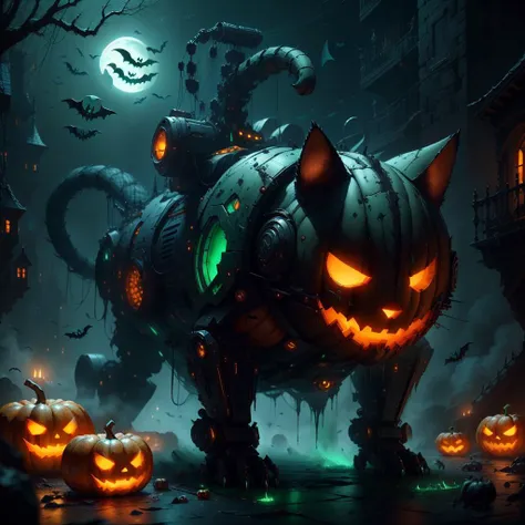 <lora:halloweenTech-20:0.8>, halloweentech , scifi, supernatural green, spooky,
armored cat