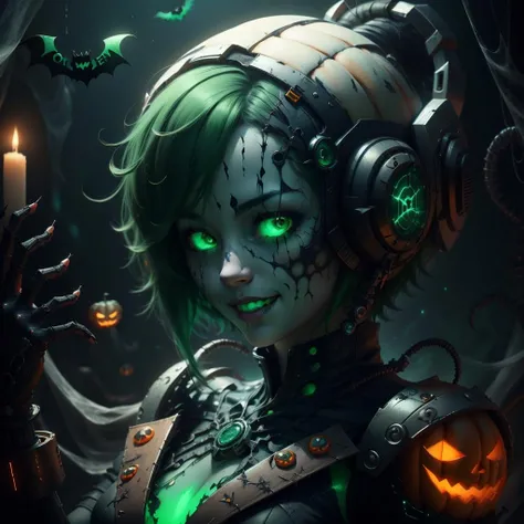 <lora:halloweenTech-20:0.8>, halloweentech , scifi, supernatural green, spooky,
scholar , scroll, 1girl,short hair, green hair, glowing eyes, smile ,closed mouth,