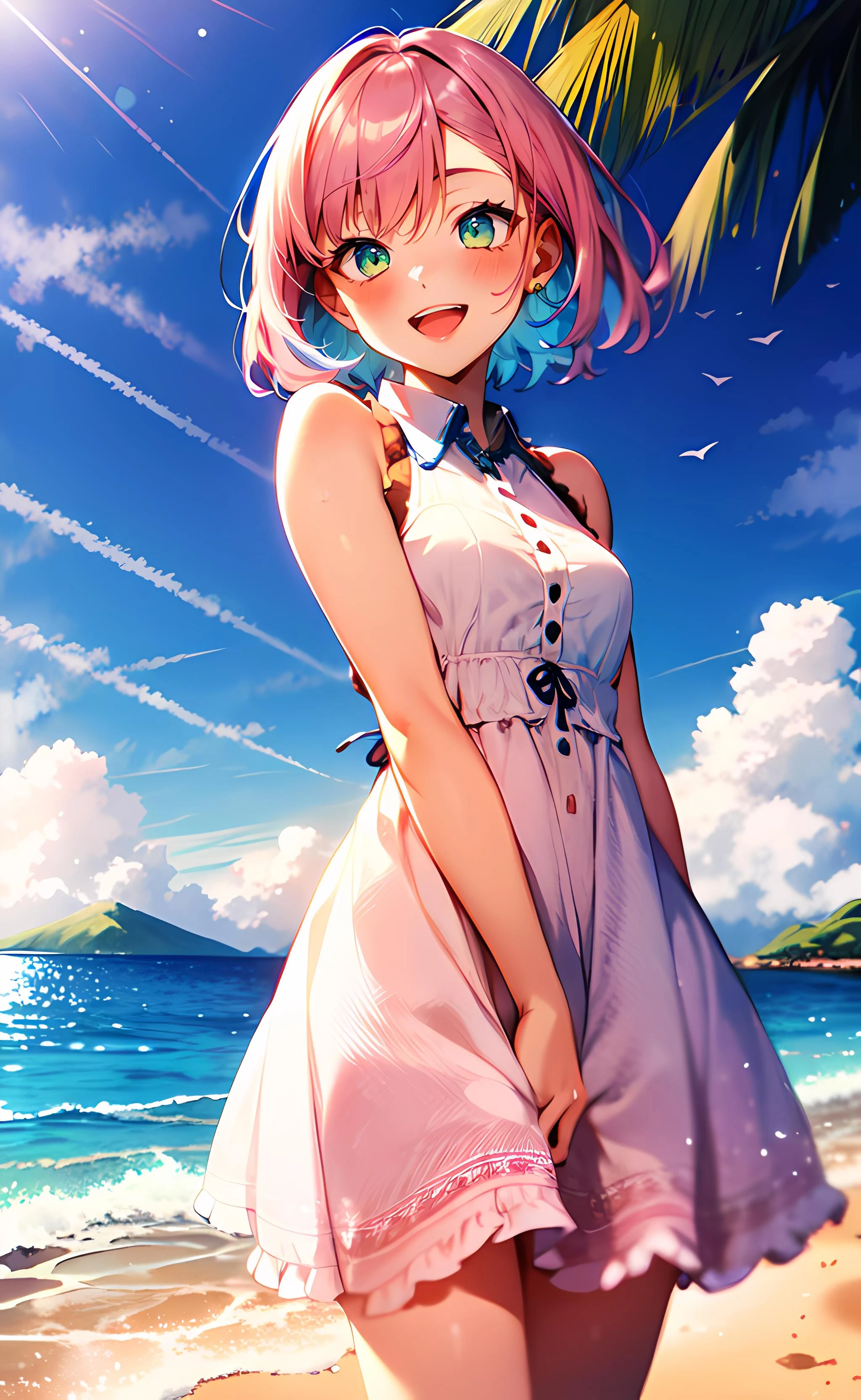 1girl, cowboy shot, standing, short hair, pink hair, green eyes, white dress, collared dress, frilled dress, bare shoulders, bare arms, open mouth, smile, outdoors, beach, blue sky, sunlight