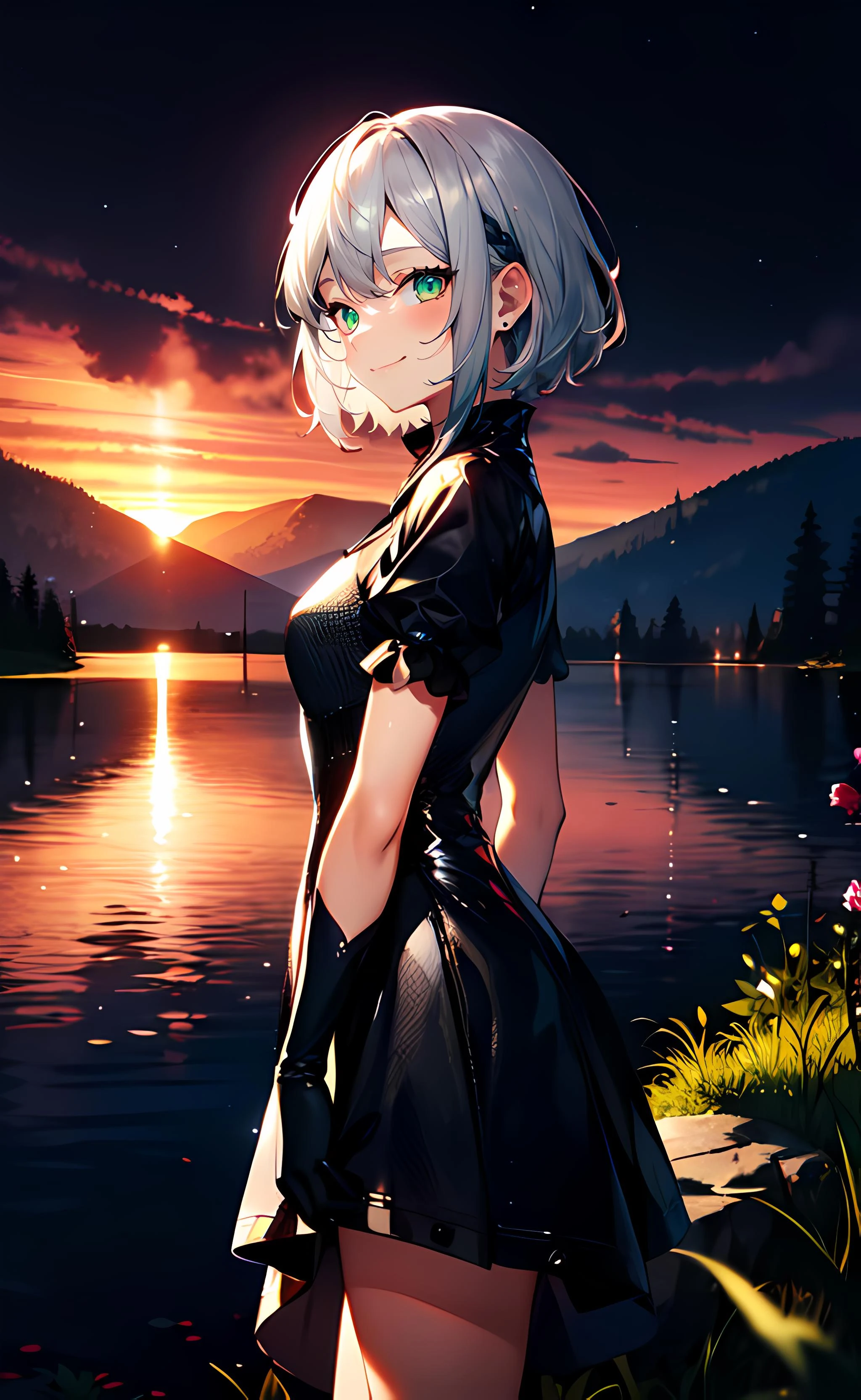 1girl, cowboy shot, standing, from side, short hair, silver hair, green eyes, armored dress, black dress, short sleeves, black gloves, closed mouth, smile, nature, lake, water, night, night sky