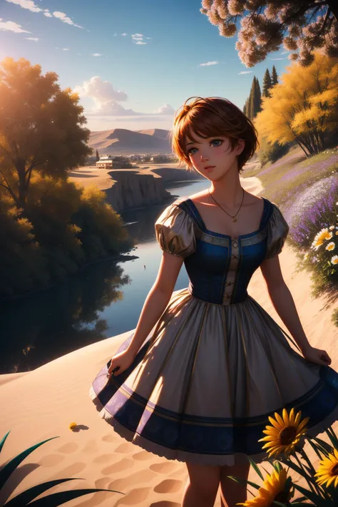 1girl, (realism art by Pierre-Auguste Renoir:1.0) and (Matt Granz:1.0) and (Anthony Day:0.7) , scene art, colorful Airbrush painting, Modern hillside and Venusian atmosphere in background, majestic, long shot of a 1950S Suburbia Raging ("To see a world in a grain of sand and heaven in a wild flower.":1.3) , at Airy pond, at Golden hour, soft focus, Frightening, Magewave, Light and shadow plays, telephoto lens, One Color, taiji, sloppy strokes, unreal engine, trending on CGSociety, photography