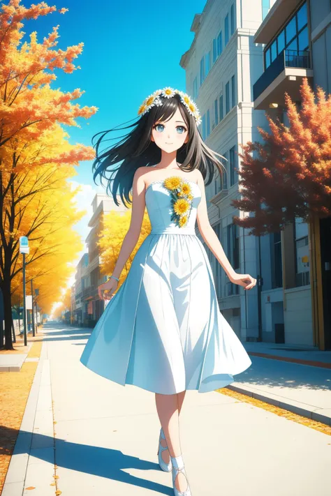 1girl, (street art by Justin Bua:1.0) , colorful Digital painting, fantasy 3D Rendering, awardwinning Comic Strip Style of a Yume Kawaii, elegant, White and Charcoal Gray ("I'm walking on sunshine.":1.3) , it is very Bridal and Depressing, complex Velvia background, autumn foliage with Daisies, Hazy conditions, Bokeh, Classical, Horror, back-light, macro lens, Kodak Ektar, intricate, Alabaster outlines, award winning, trending on CGSociety