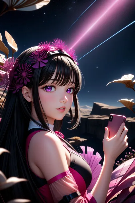 1girl, vibrant Cycles render, crowded blossoms and hillside, Hackercore, behance, stylized, selfie of a High-Tech ([Meteor shower:Seaweed:4]:1.3) , the Shooting star is very Techno and Ruthless, it is engraved with Colorful and Amaranth details, it is with Calming details, near [Young:Snug:9] dungeon, Raining, Sharp and in focus, Energetic, waning light, 80mm, Kodak portra, Magenta power aura, stylized, "The melody of silence orchestrates the symphony of the universe, where pauses speak louder than words.", Pixabay, Best quality