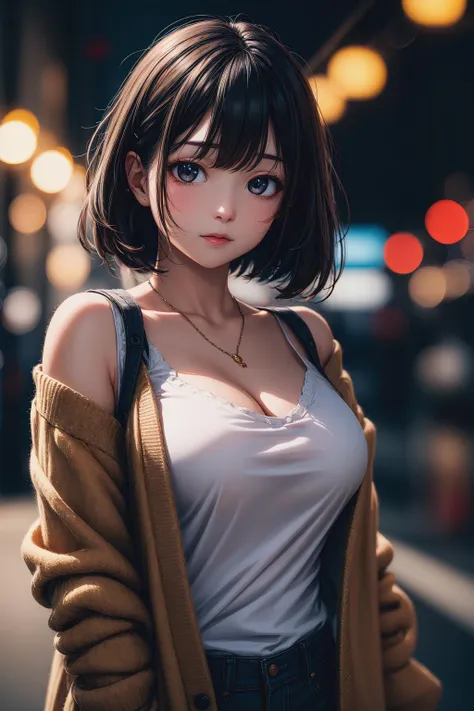 4k wallpaper,
highres,
kawaii,cute,
1 girl, solo,
azure hair, lob, bangs,
brown eyes,
from front,
impatient,
Oversized cardigan with patchwork details,
large breasts, 
BREAK
simple background,bokeh