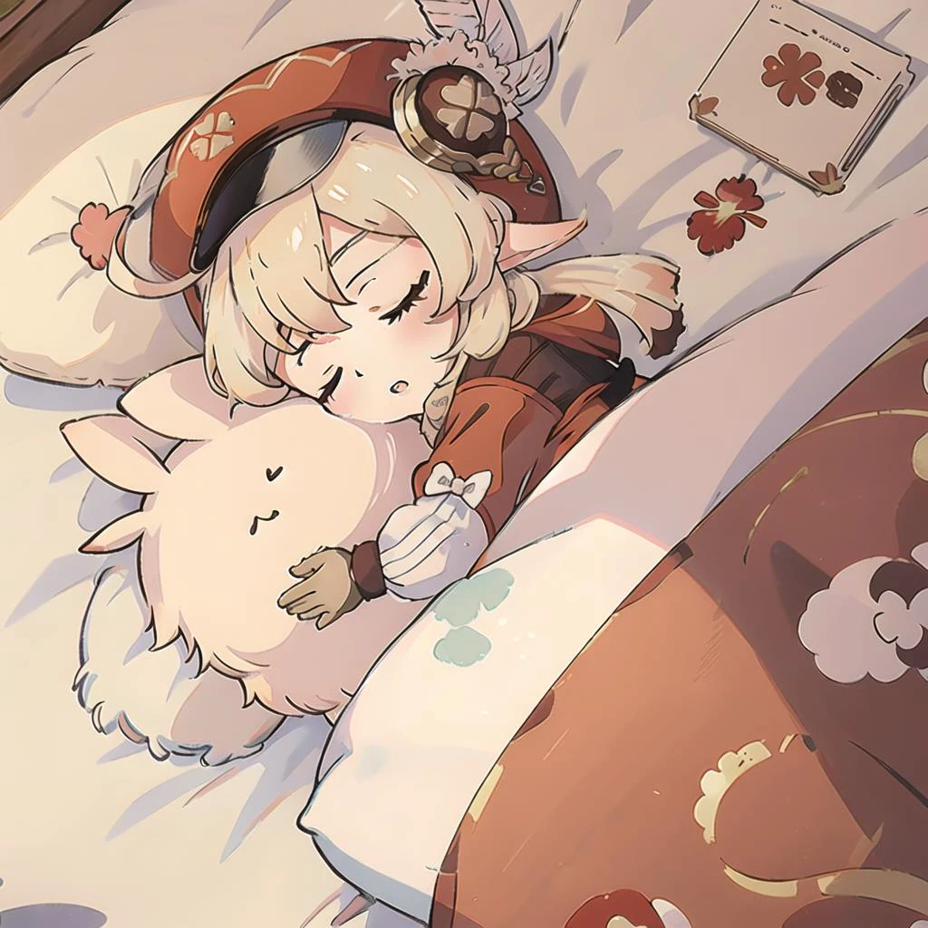 <lora:Klee_1.0_by_XieMo:1>,klee, 1girl, solo, object hug, lying, on side, sleeping, stuffed animal, doll hug, stuffed toy, book, pillow, looking at viewer, parted lips, closed eyes, bed sheet, red headwear, red dress, brown scarf, hat feather, brown gloves, pointy ears, small bengbeng bomb