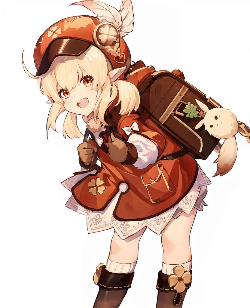 klee,1girl,solo,looking at viewer,white background,simple background,:d,leaning forward,red headwear,red dress,brown scarf,bloomers,hat feather,brown gloves,knee boots,kneehighs,backpack,backpack pendant,pointy ears,<lora:Klee_1.0_by_XieMo:1>,