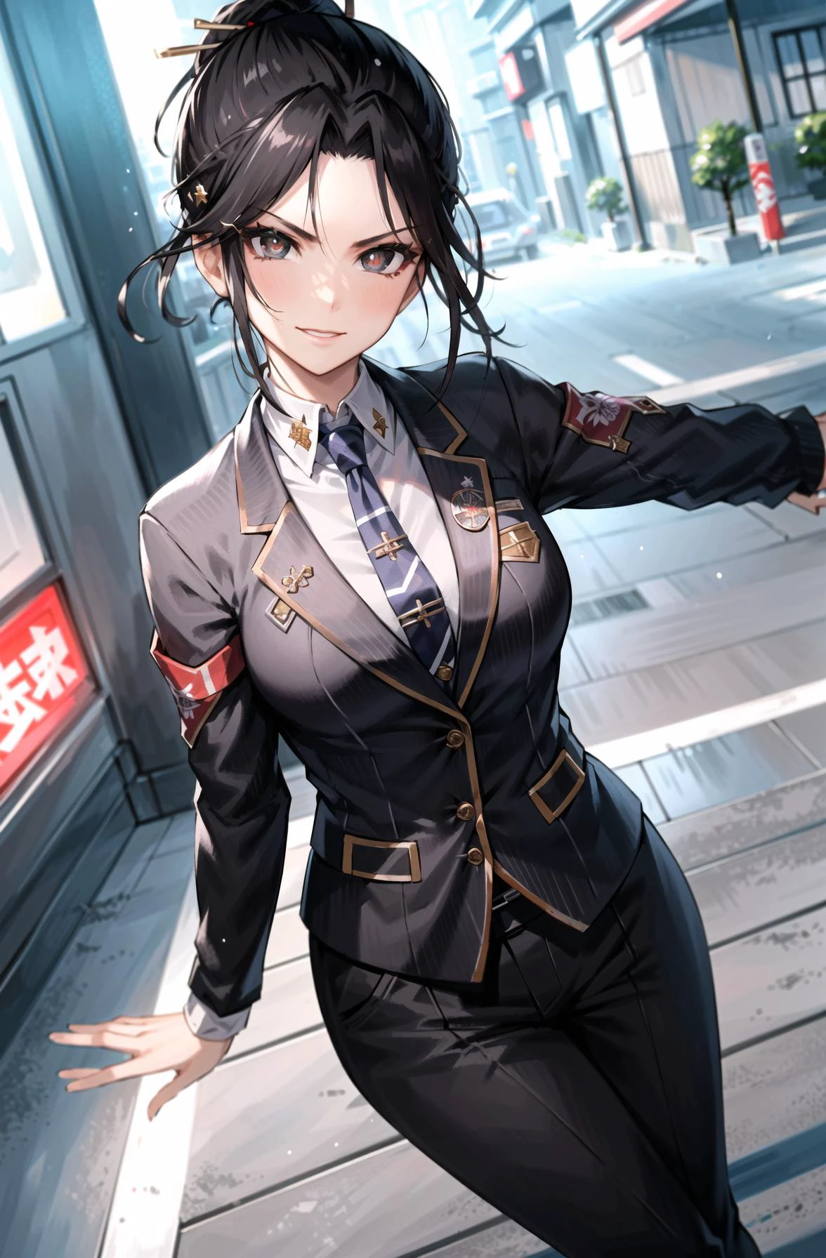 masterpiece, best quality, sharp image, detailed skin,depth of field, dslr photo, realistic, sharp focus, raytracing, piercing gaze,(serious expression, scoff), standing, deep eyes, detailed pupils
(suit, tie, yakuza suit), (tokyo suburb background:1.3), (yakuza family pin on clothes:1.2),
cinematic lighting, perfect composition, (confident smile), brown messy hair, <lora:panamPalmerCyberpunk2077_panamv2 (1):0.45>, panam