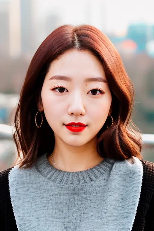 a image of face of parkshye (with black sweater:1.2), (((front view))) ,red lips ,and a ((close up)),(extra close to camera), pale skin, slim body, background is city ruins, (high detailed skin:1.2), 8k uhd, dslr, soft lighting, high quality, film grain, Fujifilm XT3