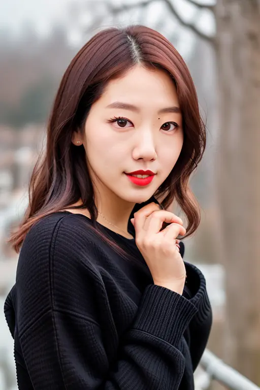 a image of face of parkshye (with black sweater:1.2), (((front view))) ,red lips ,and a ((close up)),(extra close to camera), pale skin, slim body, background is city ruins, (high detailed skin:1.2), 8k uhd, dslr, soft lighting, high quality, film grain, Fujifilm XT3