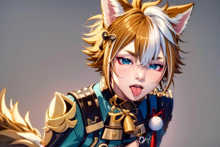 masterpiece, best quality,gorou (genshin impact), 1boy, male focus, animal ears, solo, multicolored hair, tongue, tongue out, brown hair, dog boy, simple background, white hair, tassel, dog ears, armor, upper body, streaked hair, bangs,(kbxll:0.6)