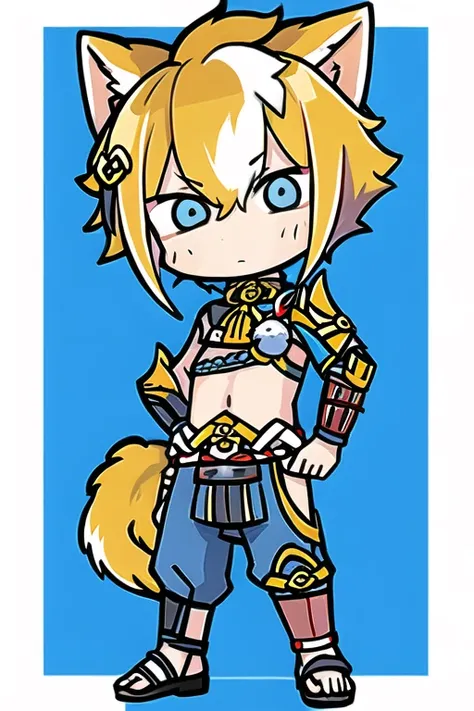 (masterpiece), <lora:gorou:1>, gorou (genshin impact),little boy, 1boy, <lora:terada_style:1>, chibi, male focus, animal ears, solo, multicolored hair, brown hair, dog boy, white hair, tassel, dog ears, armor, upper body, streaked hair, bangs, full body, standing, looking at viewer, curious,