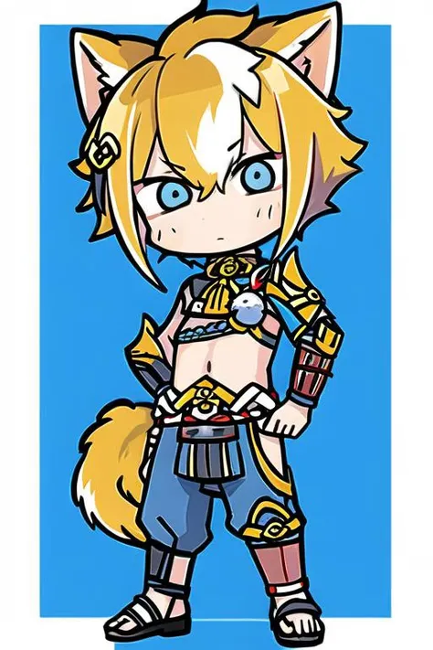 (masterpiece), <lora:gorou:1>, gorou (genshin impact),little boy, 1boy, <lora:terada_style:1>, chibi, male focus, animal ears, solo, multicolored hair, brown hair, dog boy, white hair, tassel, dog ears, armor, upper body, streaked hair, bangs, full body, standing, looking at viewer, curious,