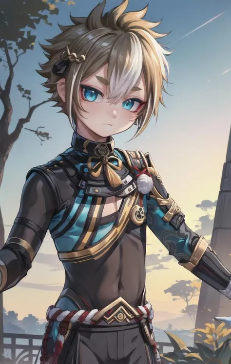 1 boy,more details in eyes,cute,looking at viewer, adorabel boy,cute face,details sky,handsome,young,juvenile,((masterpiece:1.4,best quality)),multiple details,colorful hair,eyeshadow,sfw,(black bodysuit:1.8), gorou (genshin impact),
<lora:gorou:1>