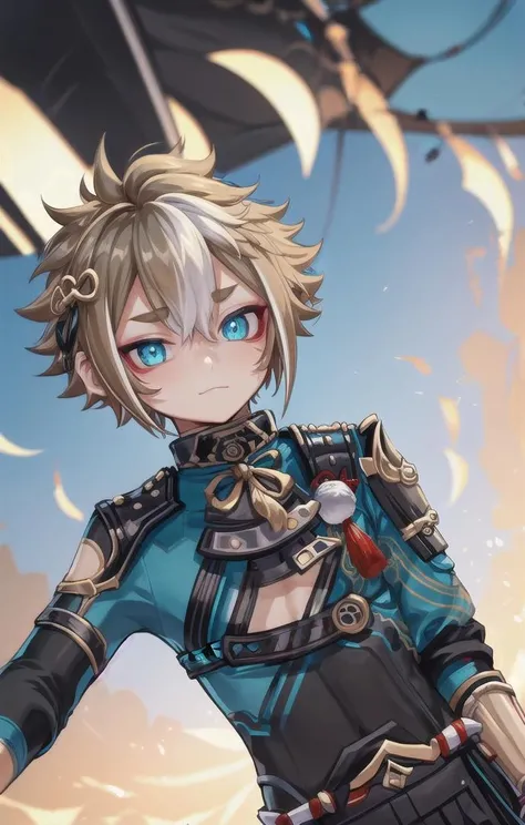 1 boy,more details in eyes,cute,looking at viewer, adorabel boy,cute face,details sky,handsome,young,juvenile,((masterpiece:1.4,best quality)),multiple details,colorful hair,eyeshadow,sfw,(black bodysuit:1.8),  gorou (genshin impact),
 <lora:gorou:1>