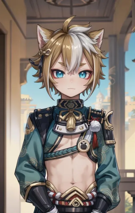 1 boy,more details in eyes,cute,looking at viewer, adorabel boy,cute face,details sky,handsome,young,juvenile,((masterpiece:1.4,best quality)),multiple details,colorful hair,eyeshadow,sfw, gorou (genshin impact),
<lora:gorou:1>