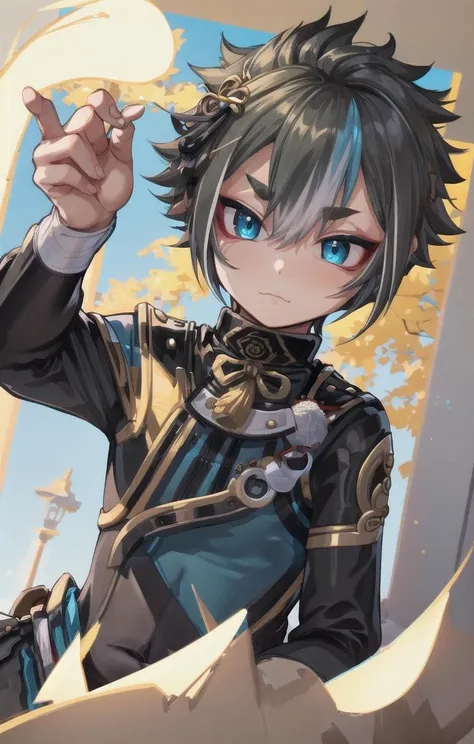1 boy,more details in eyes,cute,looking at viewer, adorabel boy,cute face,details sky,handsome,young,juvenile,((masterpiece:1.4,best quality)),multiple details,colorful hair,eyeshadow,sfw,(black bodysuit:1.8),  gorou (genshin impact),
 <lora:gorou:1>