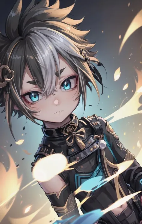 1 boy,more details in eyes,cute,looking at viewer, adorabel boy,cute face,details sky,handsome,young,juvenile,((masterpiece:1.4,best quality)),multiple details,colorful hair,eyeshadow,sfw,(black bodysuit:1.8), gorou (genshin impact),
<lora:gorou:1>